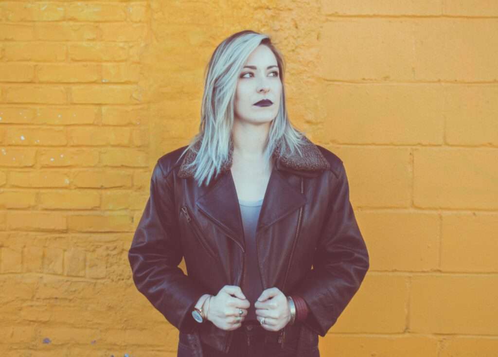 fashion photography image for an ecommerce indie brand in Richmond, VA. Woman in leather jacket